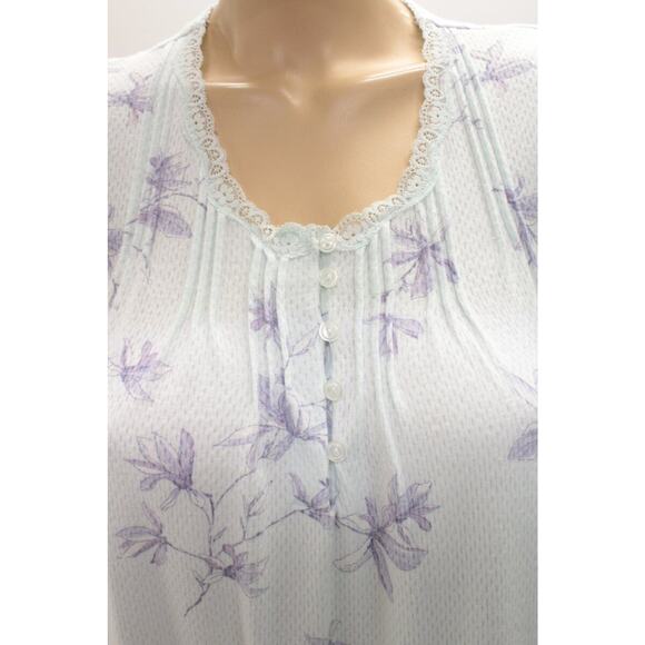 Miss Elaine Womens XL Nightgown Aqua Floral Pointelle Knit Nightgown Long Sleeve - Picture 4 of 8